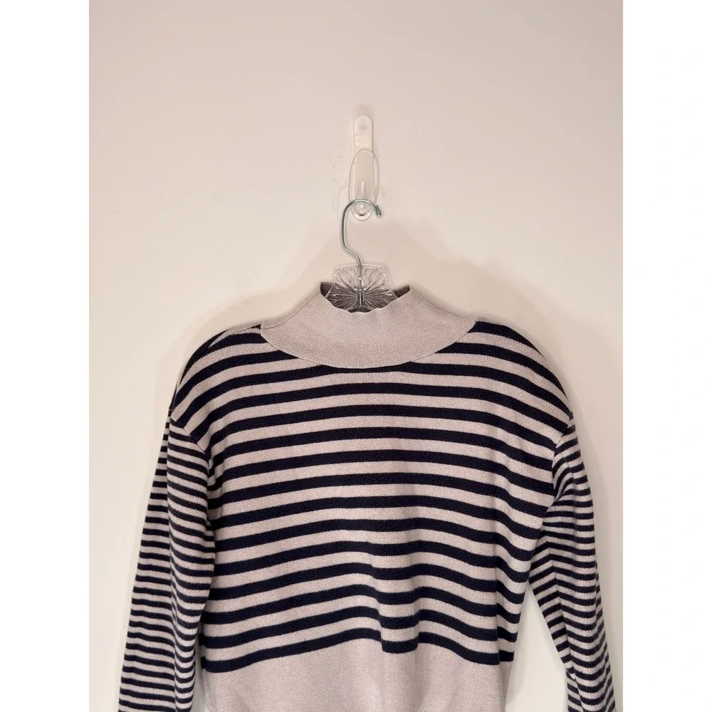 Maeve Sweater Mock Neck Sweater Tan Blue Striped Casual Knit‎ Stretch Cozy XXS